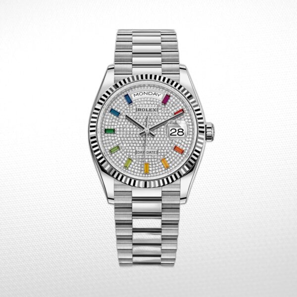 Day Date 40MM Watch Fluted Bezel Diamond Paved Rainbow Sapphire Dial