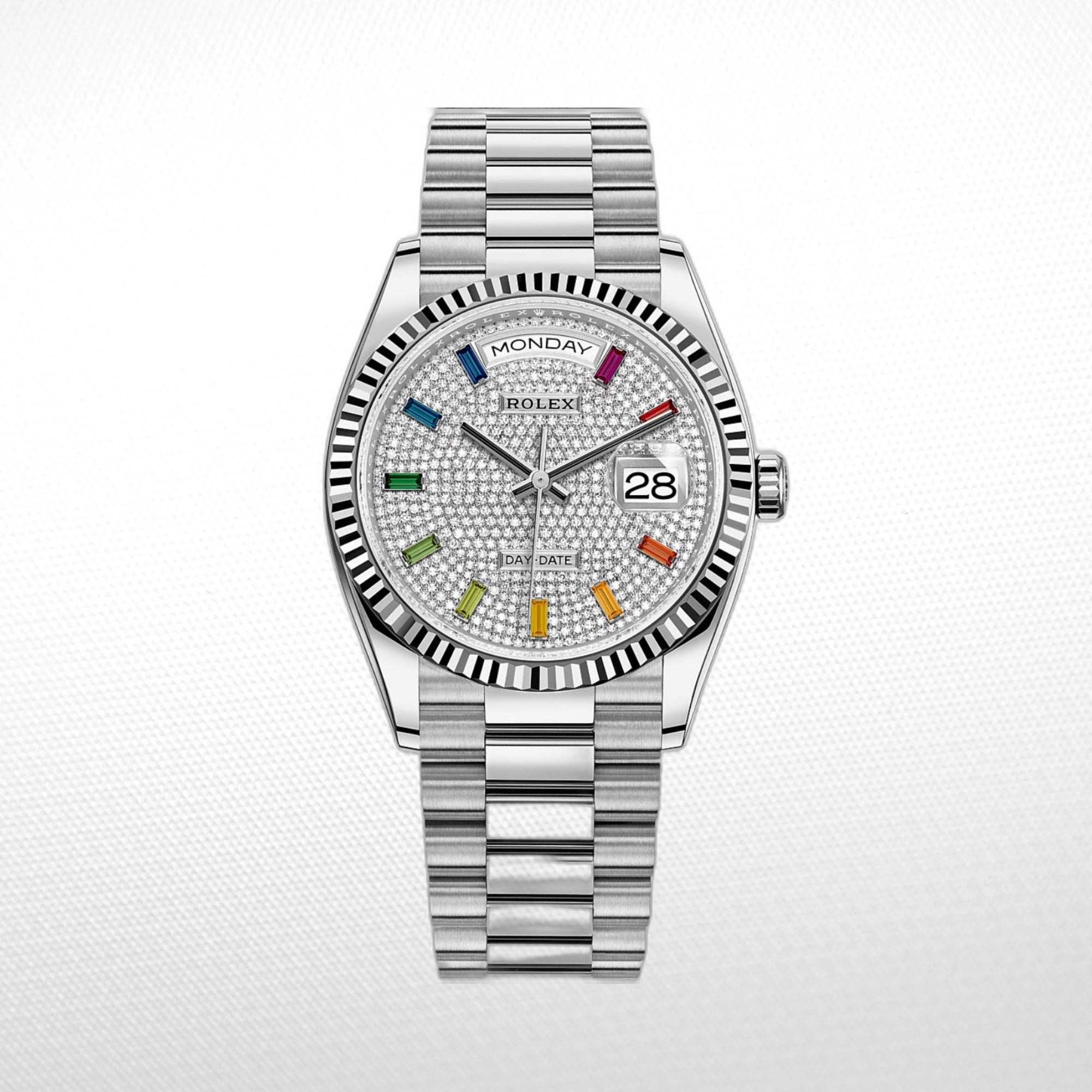 0EB0CF91-ED20-48A0-96F9-F1B91B235BB7 Day Date 40MM Watch Fluted Bezel Diamond Paved Rainbow Sapphire Dial - Image 1
