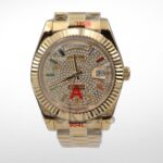 Gold Day Date 40mm Watch Fluted Bezel Diamond Paved Rainbow Sapphire Dial - Image 3