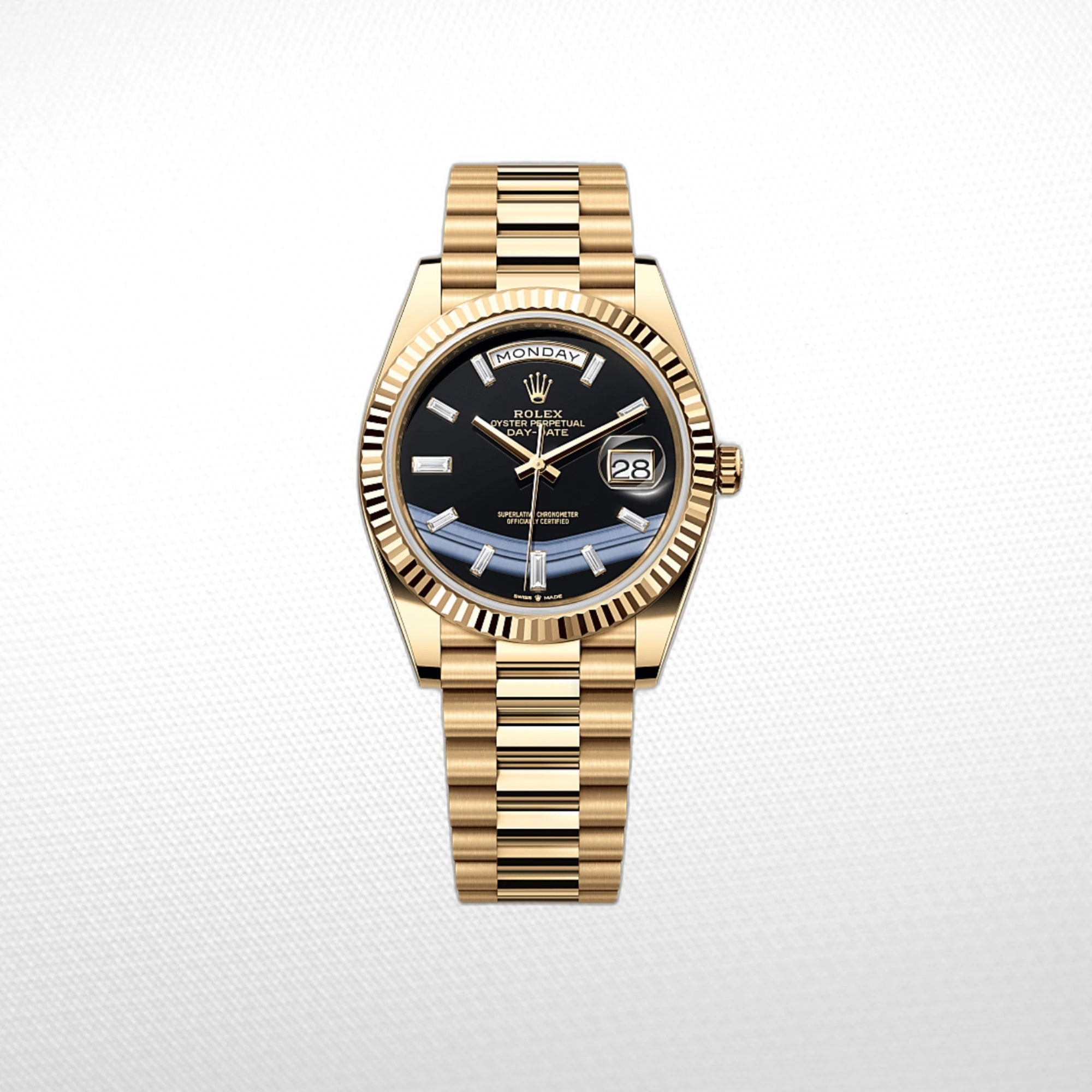 66FDA085-F614-4059-B58B-756EA22E7942 DAY-DATE BLACK DIAL DIAMOND MARKERS FLUTED BEZEL GOLD - Image 1