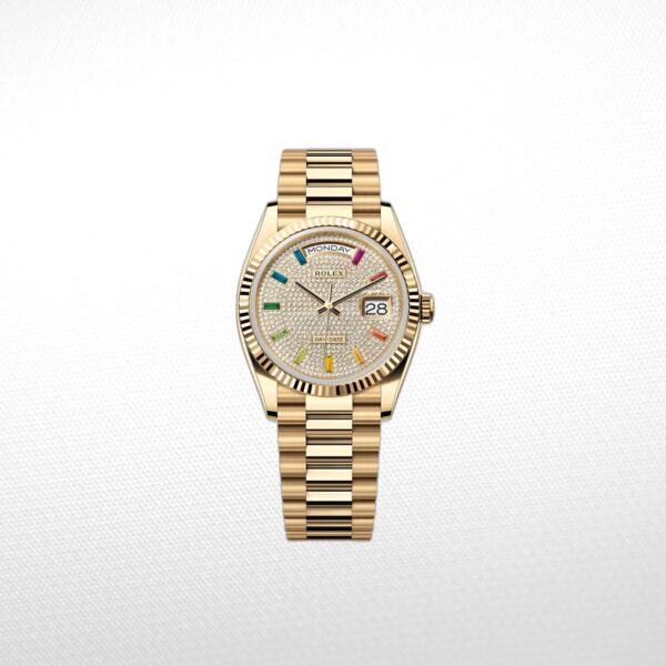 Gold Day Date 40mm Watch Fluted Bezel Diamond Paved Rainbow Sapphire Dial