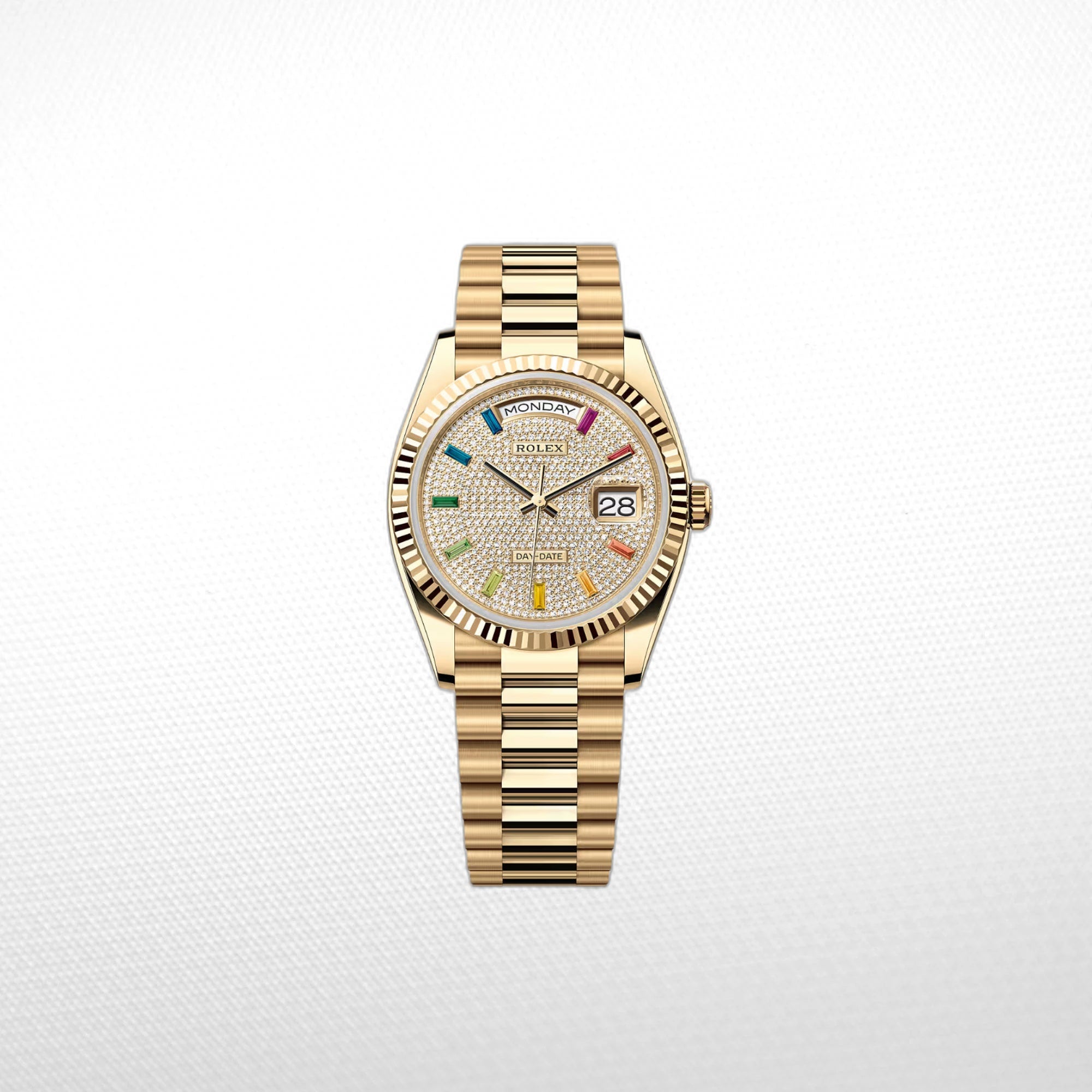 E4D64F8C-D12A-41E7-8AB0-71C32B570A2A Gold Day Date 40mm Watch Fluted Bezel Diamond Paved Rainbow Sapphire Dial - Image 1