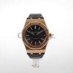 AUDEMARS PIGUET ROYAL OAK ROSE GOLD BLACK LEATHER WATCH - 41MM
