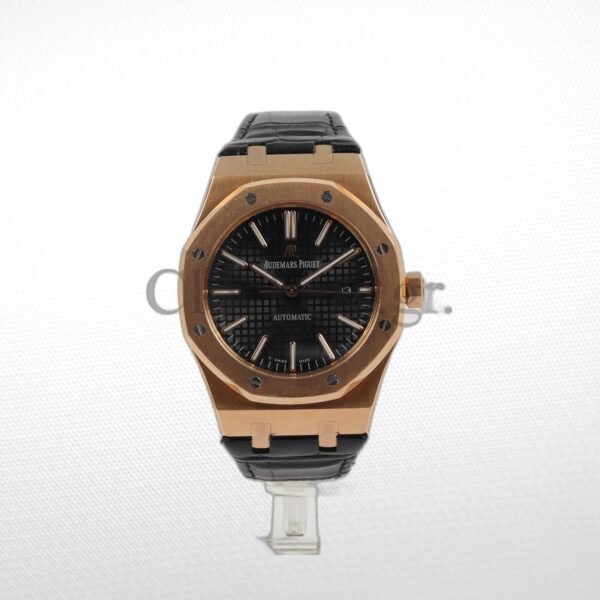 AUDEMARS PIGUET ROYAL OAK ROSE GOLD BLACK LEATHER WATCH - 41MM