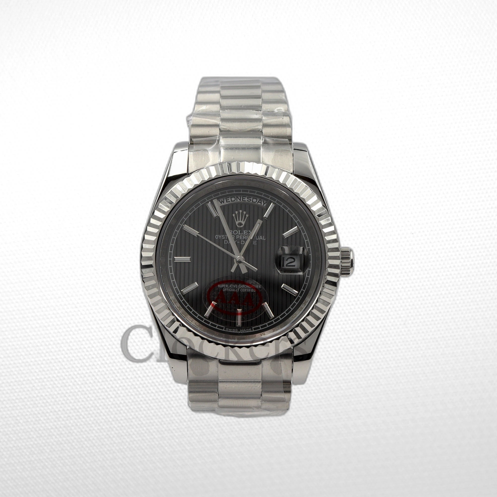 IMG_1409copy DAY-DATE II 40MM BEZEL DARK RODHIUM DIAL LINE MOTIF STICK MARKERS - Image 1