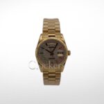 GOLD DAY DATE 36MM WATCH FLUTED BEZEL DIAMOND PAVED RAINBOW SAPPHIRE DIAL