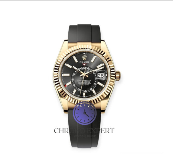 Skydweller gold bezel black dial oyster flex